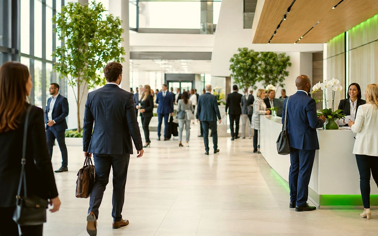 Professionals in a conference venue lobby